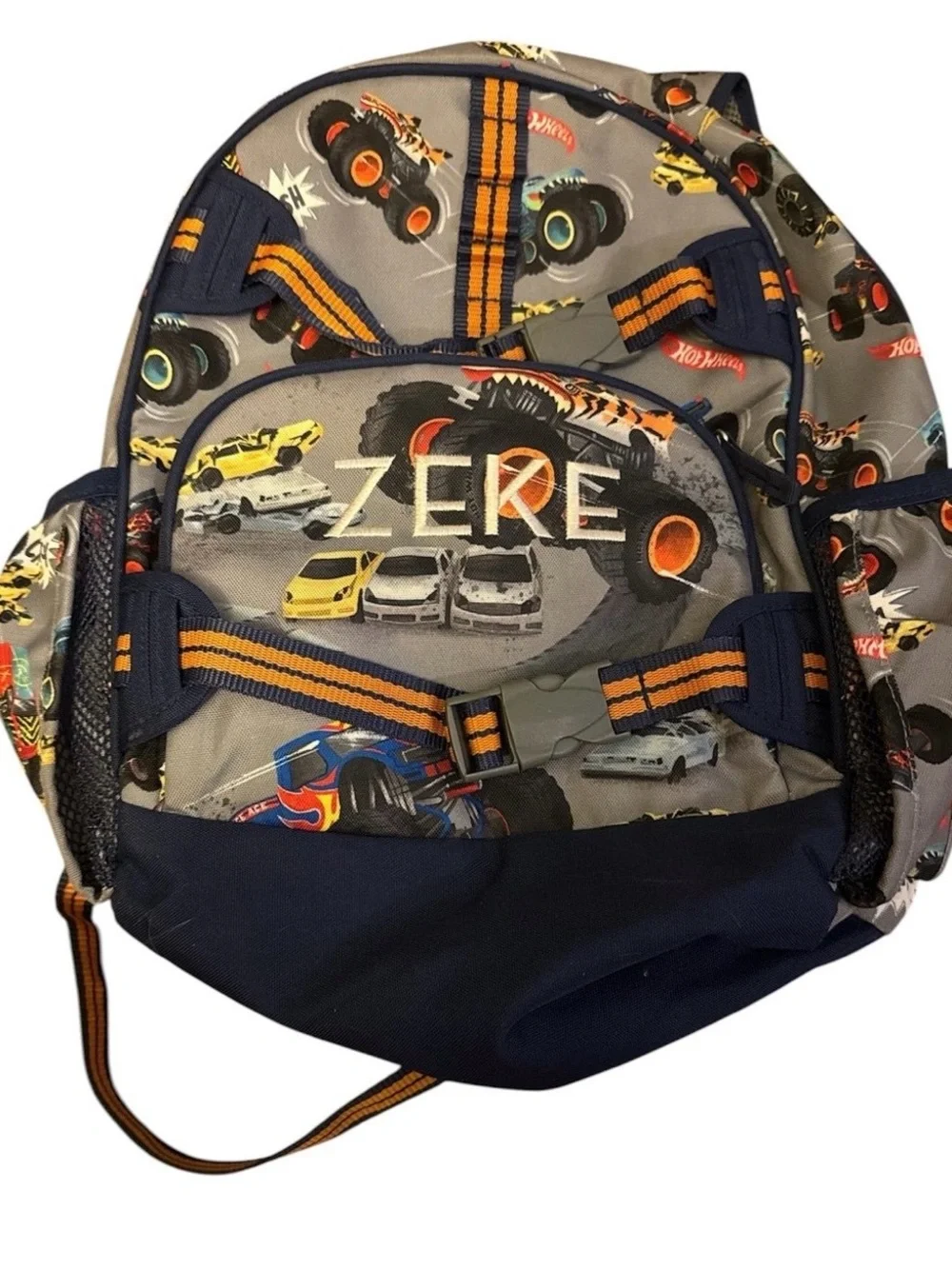 Pottery Barn Kids Gray and Navy Monster Truck Backpack Set